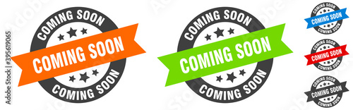 coming soon stamp. coming soon round ribbon sticker. tag