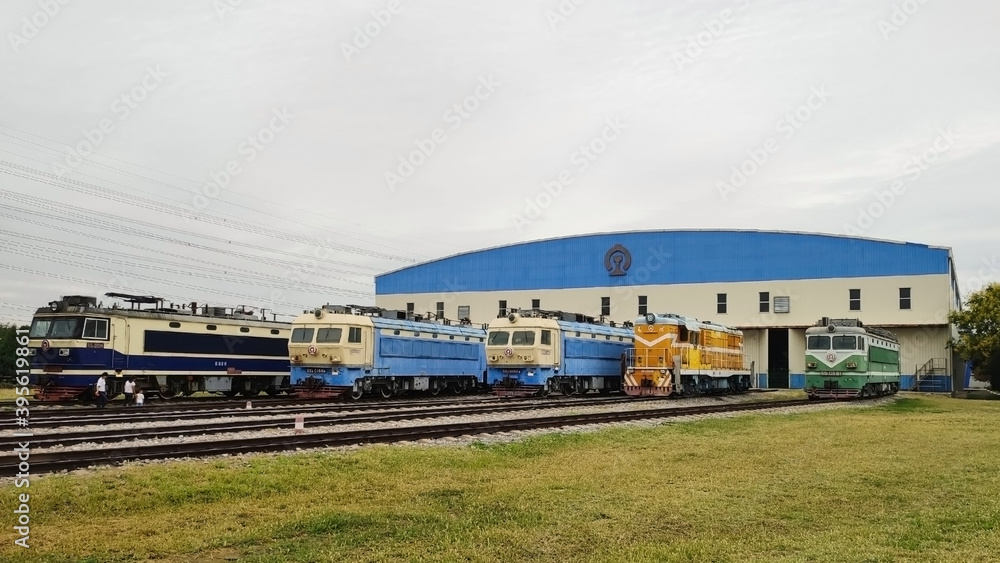 Fototapeta premium Beijing: China Railway Museum. Old Chinese trains on rails