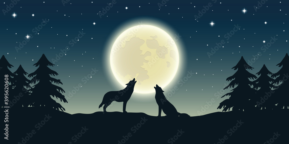 two wolves howl at the full moon in forest landscape vector illustration EPS10 two wolves howl at the full moon in forest landscape vector illustration EPS10