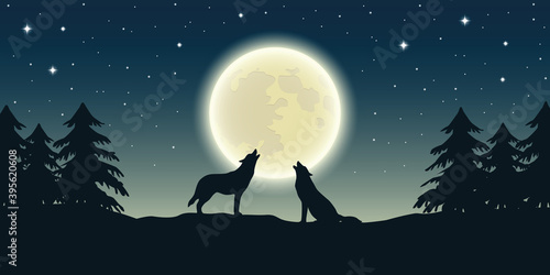 two wolves howl at the full moon in forest landscape vector illustration EPS10