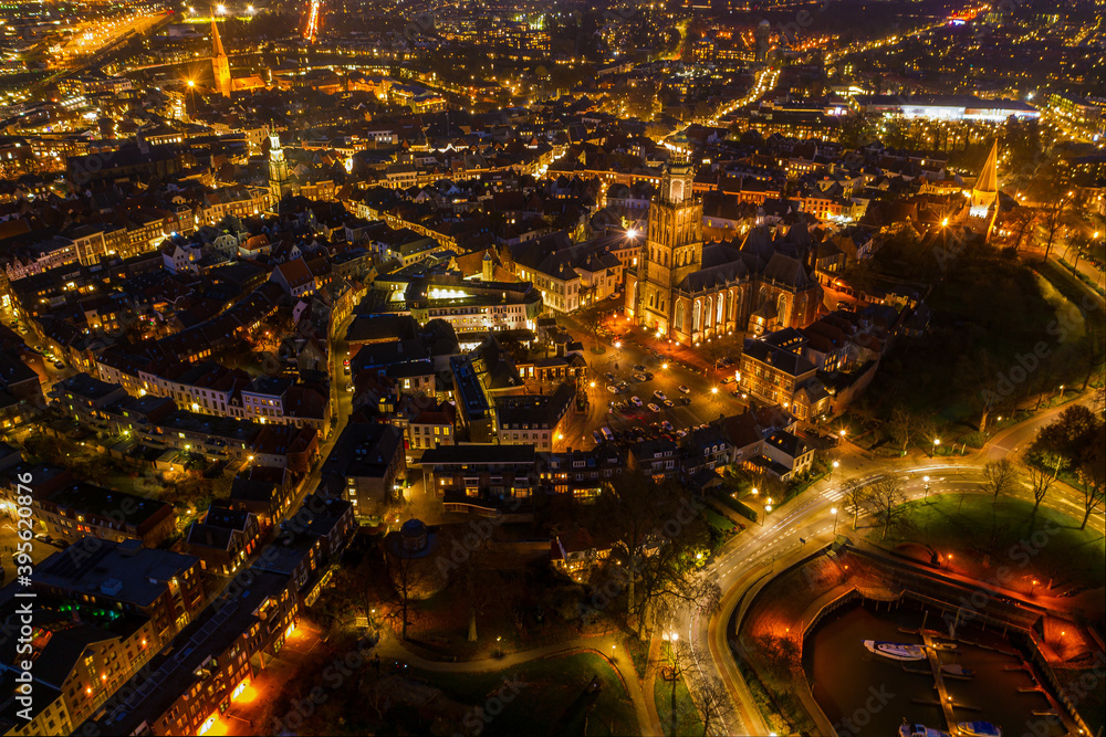 Fototapeta premium Aerial view of the town at night, Zutphen, Netherlands