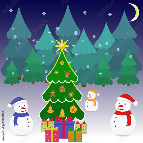 Christmas tree for New Year's holiday and snowmen on a forest background, vector illustration © Viktor