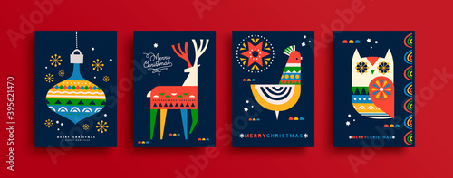 Merry Christmas folk animal card cartoon set