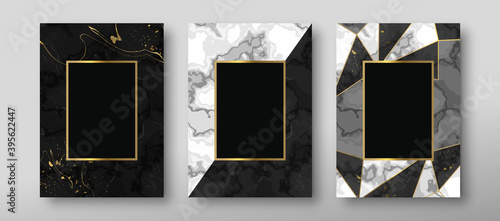 Black white marble texture gold frame card set