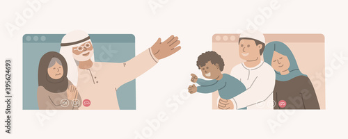 Happy arab family chatting by video call. Young muslim man calls his elderly parents by video conference. Communication at a distance of safety in quarantine. Vector illustration in a flat style.