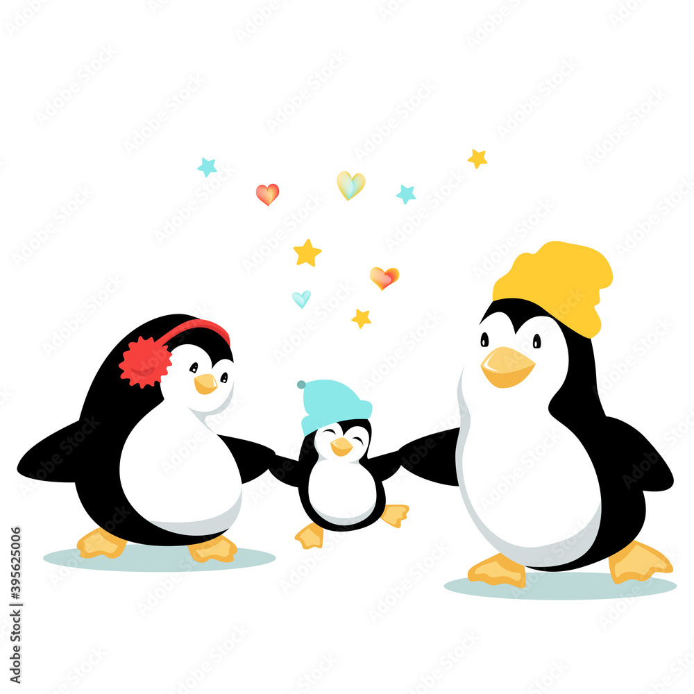Fototapeta premium Cartoon family of penguins enjoy their time together. Mother, father and the baby penguin walk holding wings and letting the kid jump and have fun. Vector illustration isolated on white background.