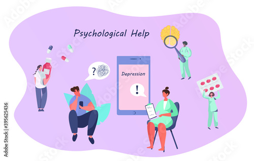 Psychologist Doctor Helps Online Patient to Unravel Tangled Thoughts and Depression.Online Psychological Help.Psychotherapist Counseling Online.Patient Disorder.Flat Vector Illustration