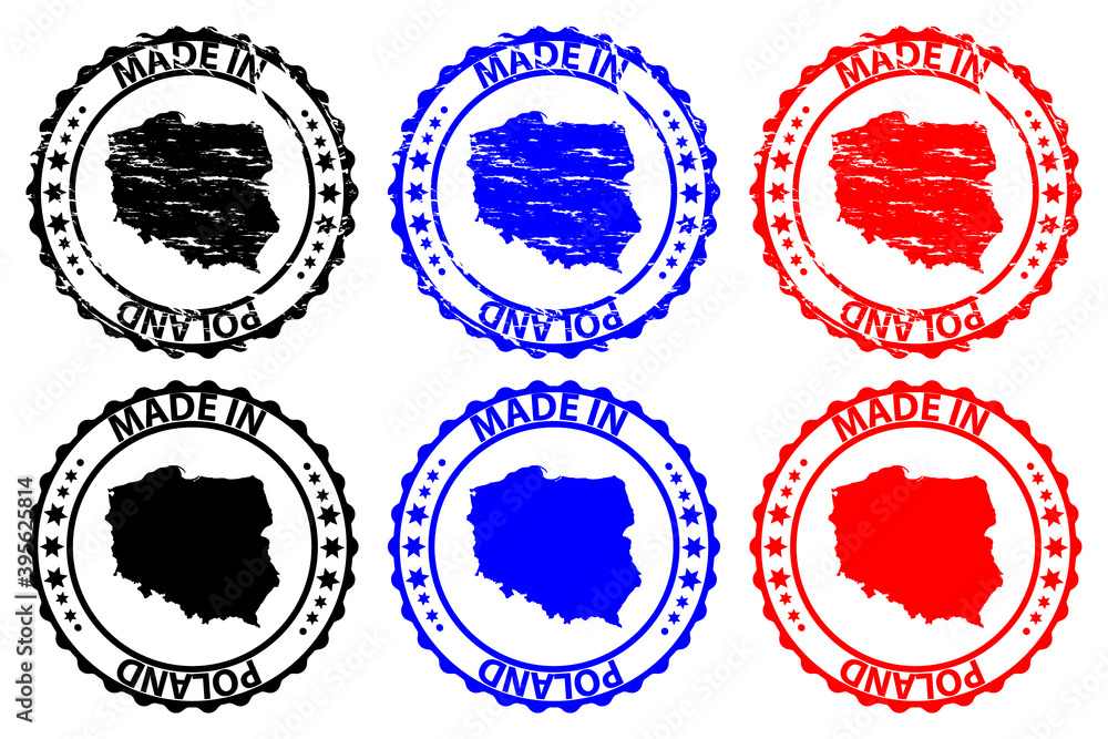 Made in Poland - rubber stamp - vector, Poland map pattern - black, blue and red Made in Poland - rubber stamp - vector, Poland map pattern - black, blue and red