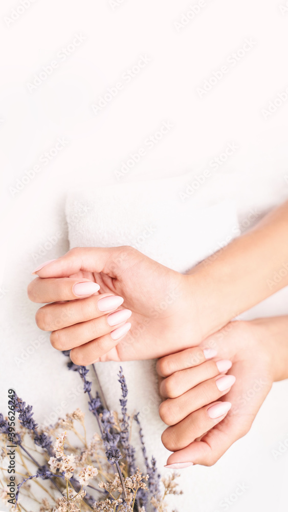 Obraz premium Classic pink wedding nail manicure on white backdrop. Spa treatment concept. Towel background. Natural hygiene. Health care. Beauty spa salon. Salon procedure Woman body care. Lavender flower