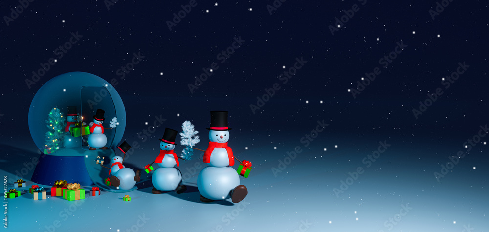 Fototapeta premium Cheerful snowmen come out of the snow globe with giftson the snow flat in the night.