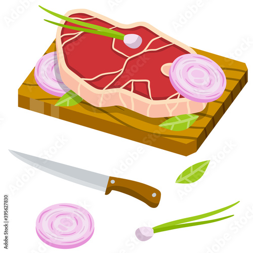 Piece of raw meat on chopping Board. Chops and ingredients. Cooking food. Fresh pork and knife. Flat cartoon illustration. Kitchen and restaurant elements