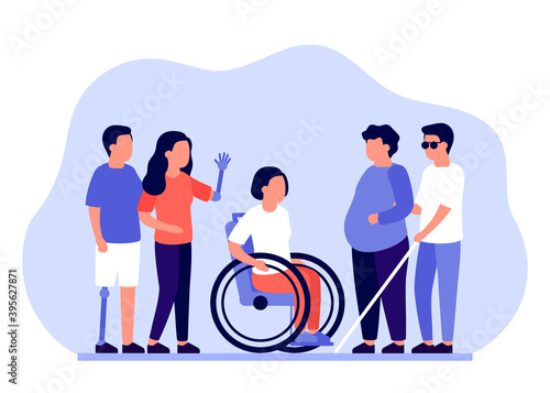 Group of people with disabilities in need of support and assistance. Prosthetic legs, arms, wheelchair access, obesity and diabetes, blindness. Vector illustration