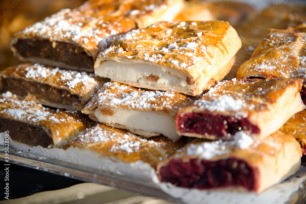 Various flavor strudel for sale in pastry shop