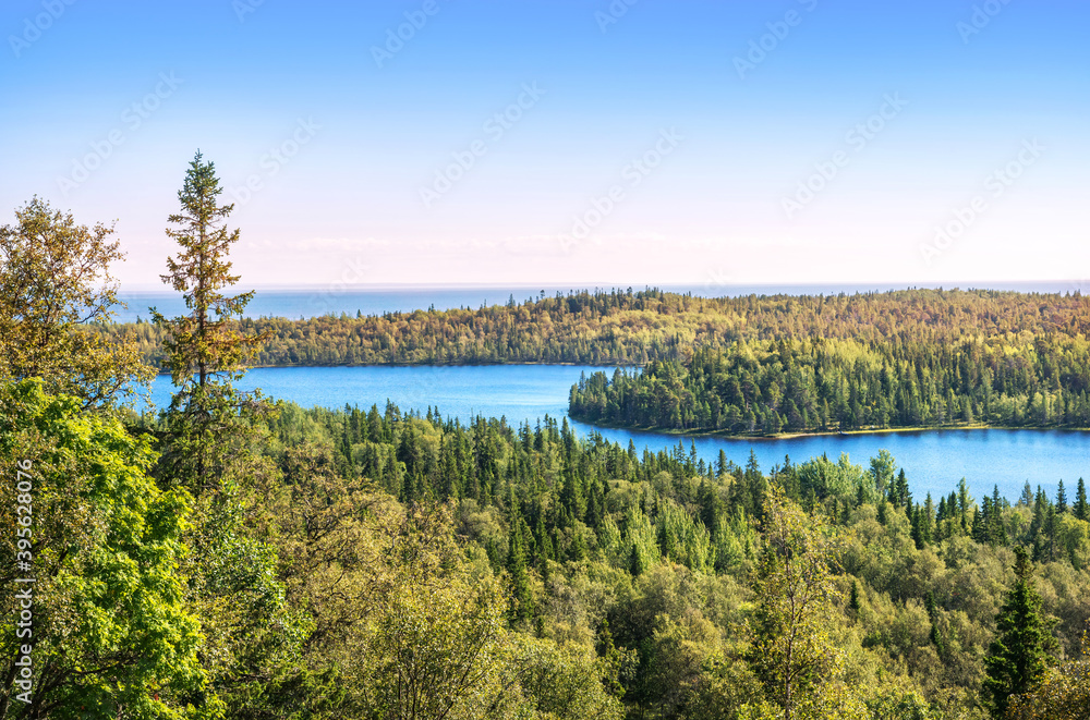 View of the northern forest, lake and the White Sea from the mountain on Anzer Island (Solovetsky Islands)
