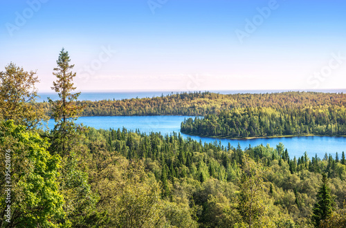 View of the northern forest, lake and the White Sea from the mountain on Anzer Island (Solovetsky Islands)