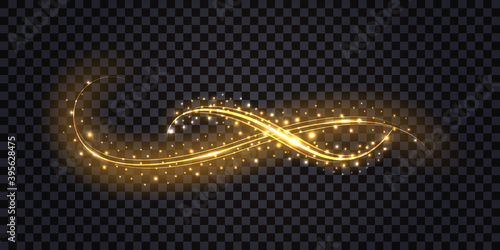 Gold glitter swirl wave with neon glowing light effect, shiny sparkles and stardust. Golden flourish isolated on dark transparent background. Vector illustration