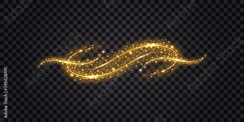Gold glitter swirl wave with neon glowing light effect, shiny sparkles and stardust. Golden flourish isolated on dark transparent background. Vector illustration