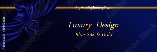 Blue silk luxury background. Deep blue ribbon with smooth silk fabric texture and golden glowing border line. Luxurious abstract backdrop for banner or poster. Vector illustration