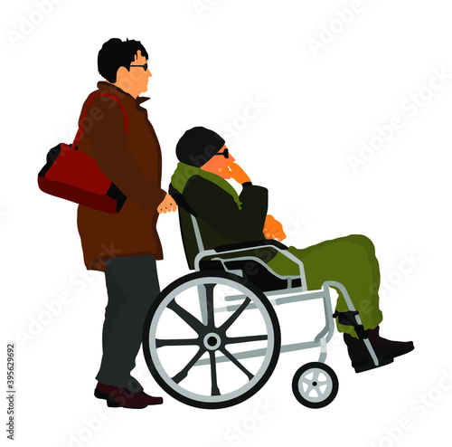 Mature woman pushing strolling with disabled man patient in wheelchair vector. Patient in wheelchair isolated on white. Nurse support injured man. Hospital paramedic Social worker activity.