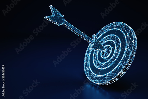 Valokuva Concept of an illuminated wireframe digital arrow hit in the center a bullseye on dark blue background