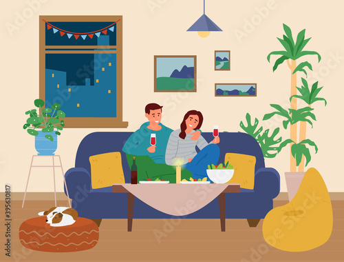 Couple Having Romantic Dinner At Home. Man And Woman Sitting At Table With Snacks On The Couch Rasing Glass Of Wine. Vector Illustration.