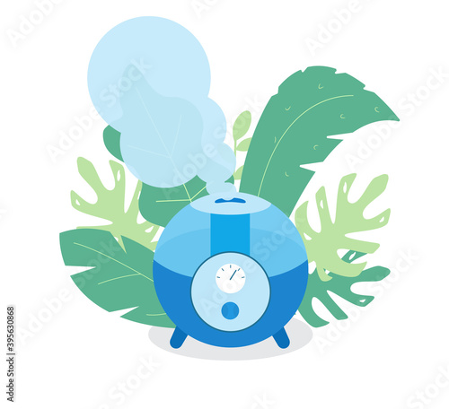 Round Ultrasonic Air Humidifier Working Surrounded With Tropical Leaves. Vector Illustration.