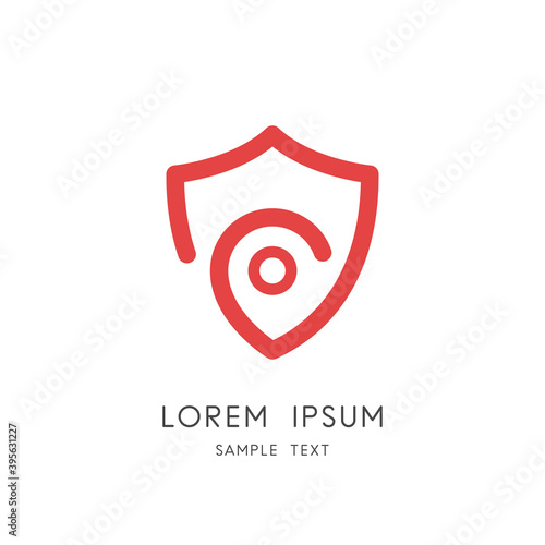 Safe place logo - shield and address pointer symbol. Security and travelling vector icon.