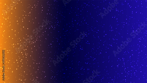 Falling bright tiny snow on orange blue gradient with lights us background with copy space for graphic design, poster and banner. Christmas and holidays concept
