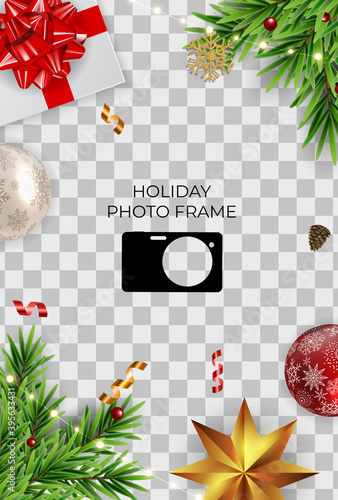 Holiday Photo Frame Template. Merry Christmas and Happy New Year Background. ...