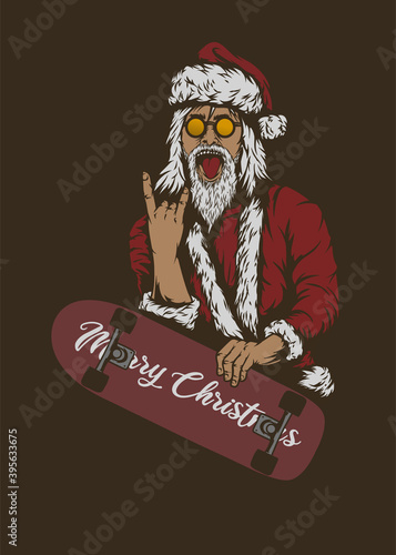 Santa Claus holding Skateboard Merry Christmas Happy New Year Vector Mascot Illustration