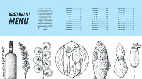 Restaurant menu. Food top view. Sketch illustration. Food menu design template. Hand drawn sketch vector illustration.