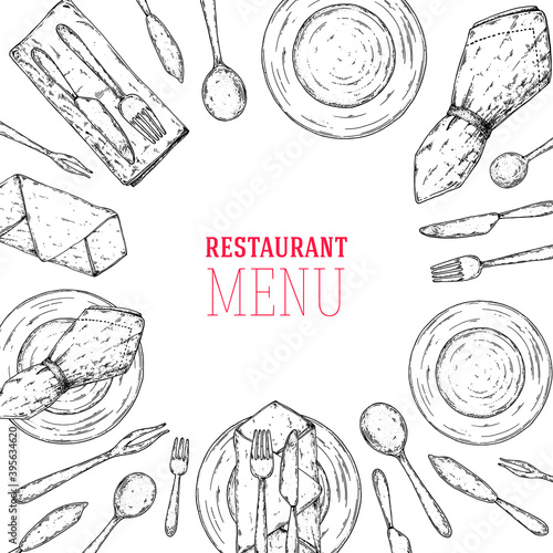 Plate with napkin, spoon, fork and knife sketch. Top view. Hand drawn vector illustration. Vintage sketch. Table setting.