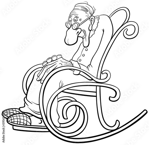 cartoon senior in rocking chair coloring book page