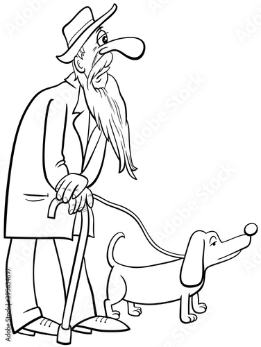 cartoon senior walking with dog coloring book page