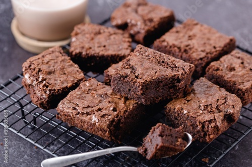 Brownie stack, chocolate cake on cooling rack, sweet content