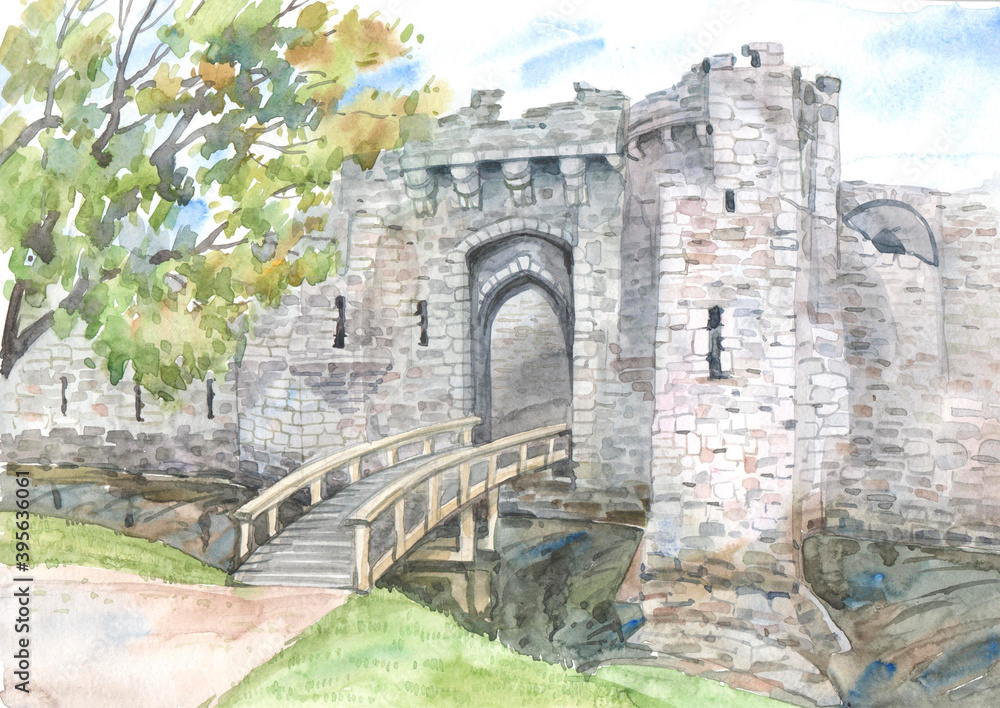 Beaumaris Castle in Wales, a medieval stone tower painted in watercolors.