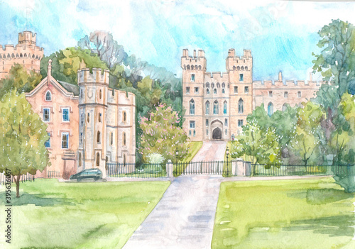 Windsor Castle Towers and Garden, ancient English castle, watercolor illustration.