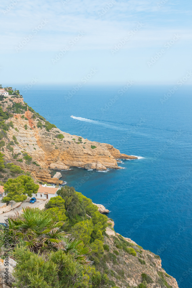 Viewing point from Cap de la Nau (Cabo de la Nau), Alicante province, Valencian community, Spain. Beautiful cliff landscape and seascape. Close to Xavia.
