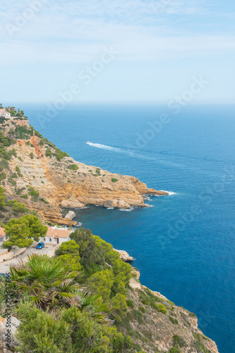 Viewing point from Cap de la Nau (Cabo de la Nau), Alicante province, Valencian community, Spain. Beautiful cliff landscape and seascape. Close to Xavia.