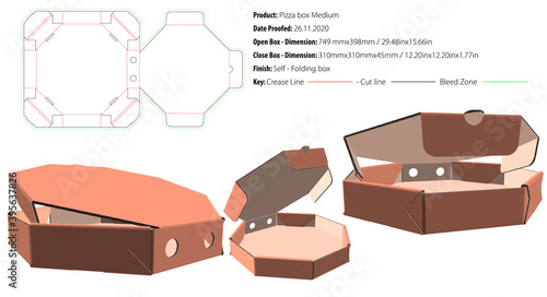 Octagon pizza box medium packaging template self lock die cut-vector