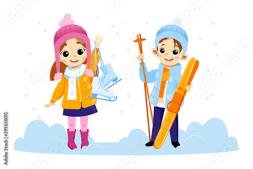 Two Happy Children Characters Standing In Snow Smiling And Waving Their Hands. Colorful Vector Illustration In Cartoon Flat Style. Boy And Girl Wearing Winter Clothes Holding Ski And Racing Skates