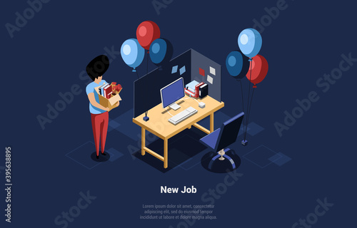 Isometric Vector Illustration Of Man Carrying Cardboard Box With Office Items, Open Space Working Place Desk With Computer And Festive Baloons Near. New Job Conceptual Composition In Cartoon 3D Style