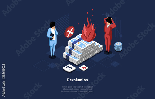 Conceptual Vector Illustration Of Money Devaluation Idea. 3D Isometric Composition In Cartoon Style With Isometrics And Two Male Characters Standing Near Burning Heap Of Banknotes. Financial Crisis