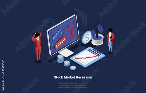Isometric Vector Illustration Of Recession In Economy And Stock Market. Economic Crisis Concept On Dark Background. 3D Composition In Cartoon Style Of Shocked Businessmen Looking At Computer Screen
