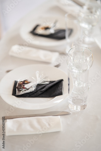 Table set for an event party or wedding reception.