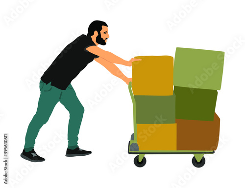 Delivery man carrying boxes of goods vector illustration. Post man with package. Distribution storehouse. Boy holding heavy load for moving service. Handy man move action. Hand transportation by cart.