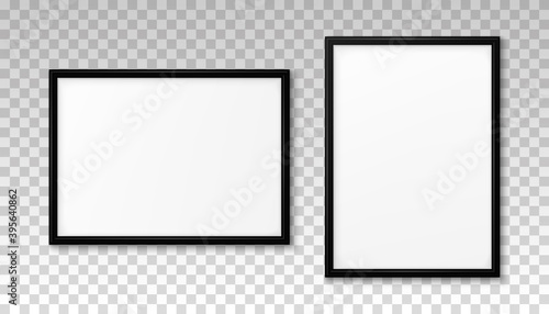 Mockup black frame photo. Shadow on wall. Mock up artwork picture framed. Plastic boarders. Empty boards a4 photoframe. Modern stylish 3d borders. Design prints poster, blank, painting image. Vector