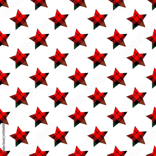 Christmas pattern for packaging. Red stars, plaid, white background. Seamless ornament.