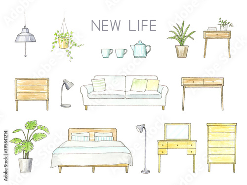 NEW LIFE 新生活　インテリア　家具　水彩イラストセット