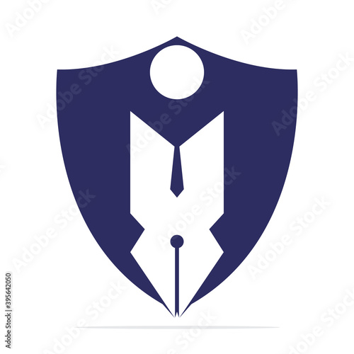 Creative Shield pen with human sign logo design template. Protective Human character and Pen logo.
